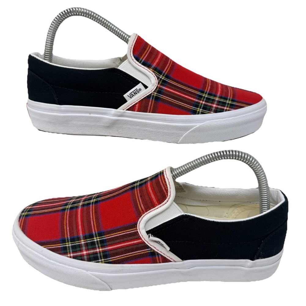 VANS Off The Wall Customs Slip On Shoes Tartan Plaid Mens 7 Womans 8.5 Red Black